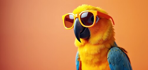 Sun conure parrot bird wearing orange sunglasses isolated on pastel background. Perfect for summer vacation, fun, travel, party, holiday themes. Creative concept, vibrant colours, surreal