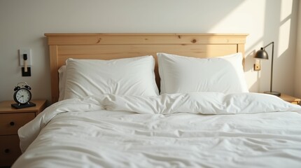 Cozy bed with white sheets, wooden frame, black alarm clock on nightstand, morning light, peaceful bedroom scene