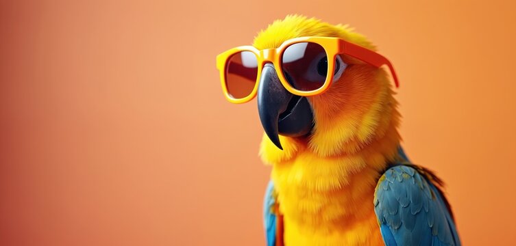 Sun conure parrot bird wearing orange sunglasses isolated on pastel background. Perfect for summer vacation, fun, travel, party, holiday themes. Creative concept, vibrant colours, surreal