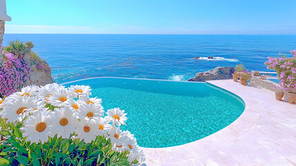 Oceanfront pool, cliffside villa, flowers, summer
