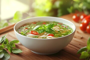 Traditional pho bo soup bowl with steaming beef broth, rice noodles, fresh herbs, and sliced beef, capturing authentic Vietnamese cuisine, book illustration style