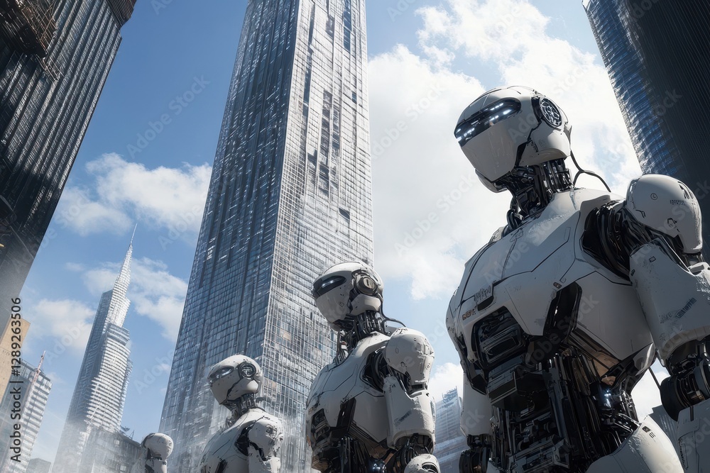 Poster a photo capturing a group of robots standing in front of a towering tall building in an urban settin