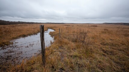 Countryside fence line with a muddy stream under a cloudy sky. Possible use Stock photo for nature, rural landscapes, or travel
