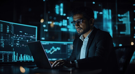 Indian man wearing glasses concentrates on his laptop while analyzing digital data visualizations in a dark room at night
