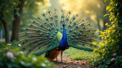 Obraz premium A majestic peacock standing on a grassy field with its vibrant feathers fully fanned out