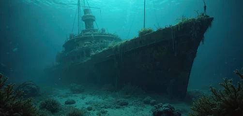 Fototapete Rund Sunken shipwreck covered in algae, sea life. Rusted, corroded vessel rests on ocean floor in deep blue water. Mysterious eerie underwater scenery for scuba diving. © Vadym