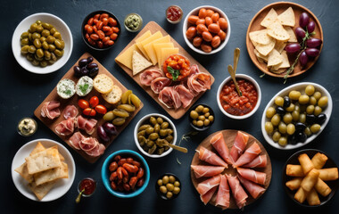 A table set with an array of colorful Italian antipasti and Spanish tapas dishes