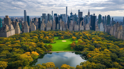 Obraz premium Lush green park filled with trees and a serene lake lies in the heart of a bustling city adorned in autumn hues under a cloudy sky