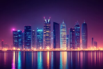 Fototapeta premium A photo capturing a group of towering buildings illuminated by city lights during the night Banks and banking institutions skyline .