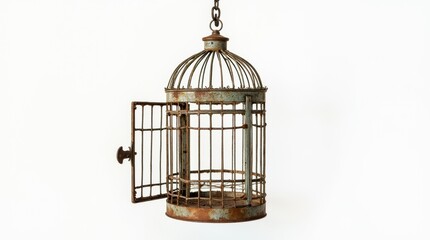 Vintage birdcage with open door, white background, rusted metal