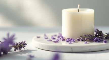 A white scented candle placed on a marble tray, surrounded by dried lavender petals