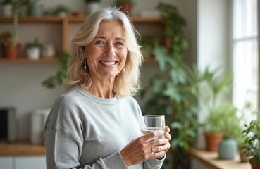 Happy mature woman holds glass of water at home. Attractive 50 years old lady enjoys drinking pure mineral water for body hydration. Daily hydrating treatment. Natural beauty, home plants background.