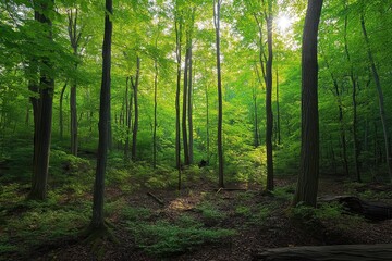 A photo capturing a group of trees standing together in the dense woods surrounded by foliage and underbrush.