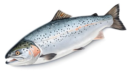 Naklejka premium Photorealistic Whole Salmon with Silver Scales and Detailed Fins – High-Resolution Culinary Photography