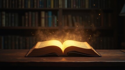 An open book lying on a wooden table under a vast starry night sky, with soft moonlight casting a glow on the pages