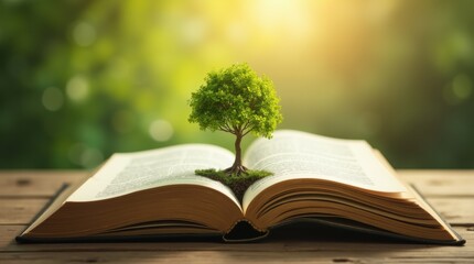 An open book with a lush green tree growing from its pages, placed on a wooden table with warm sunlight filtering through