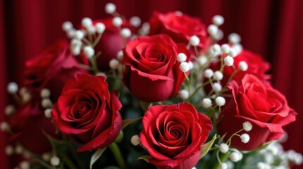 Naklejka premium Close-up red roses and baby’s breath in a bridal bouquet, detailed petals, velvet background, luxurious wedding style.
