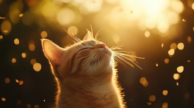 Tranquil Cat Basking in Golden Sunlight with Gentle Floating Particles