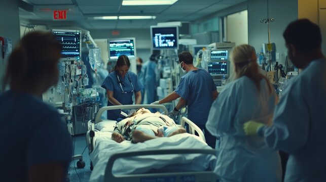 Hospital rush with medical teams stabilizing incoming trauma patients. Featuring immediate medical action and team coordination