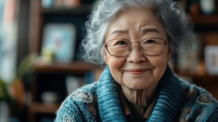 A Heartwarming Portrait of Content Elderly Woman Wearing Glasses Surrounded by Comfort of Her Cozy Home Ambiance