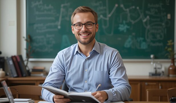 Smiling Young Teacher in Classroom &ndash; Education and Learning Concept

