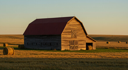 Obraz premium Rustic barn stands in golden harvest.