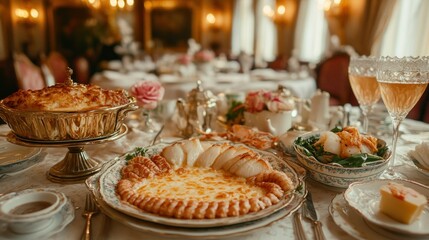 Naklejka premium Elegant seafood dinner, palace setting, champagne, fine dining