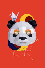 Sketch design trend artwork 3D photo collage of japanese oriental national element surreal wild animal panda head eyes sushi bird origami © deagreez
