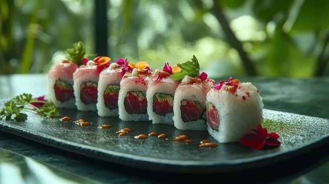 Elegant sushi roll, tropical garden background, restaurant setting, food photography