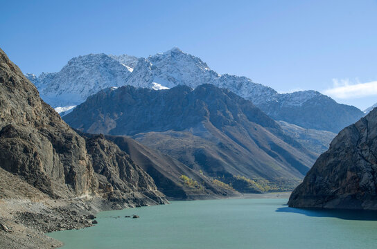 The sixth Lake Marguzor from the Seven lakes  in the narrow Shing River gorge of Fan Mountains, Tajikistan, Asia