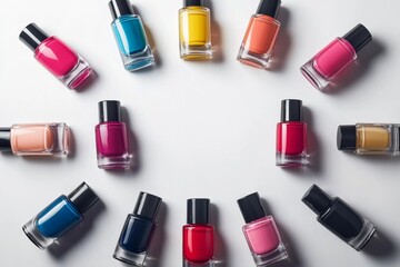 Obraz premium A vibrant display of nail polish bottles in various colorful shades is arranged in a circular pattern on a clean white background. The glossy finishes highlight the vivid colors