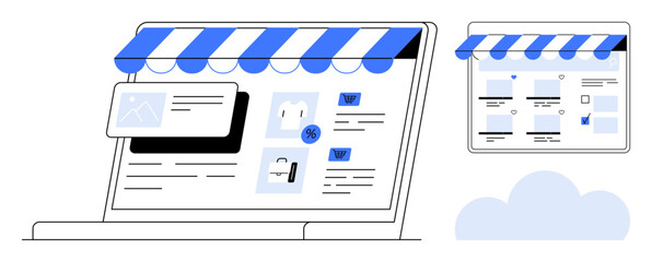 Laptop and tablet displaying online storefronts with awnings, product images, percentage symbol, and shopping cart icons. Ideal for e-commerce, online shopping, digital marketing, web design