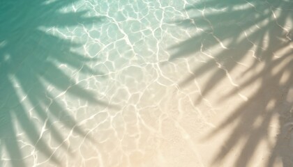 Obraz na płótnie Canvas Top view of clear sea water with palm leaf shadows. Concept banner for summer vacation at beach. Minimalist abstract ocean ripple pattern. Relaxing spa sunlight background. Tropical nature beauty