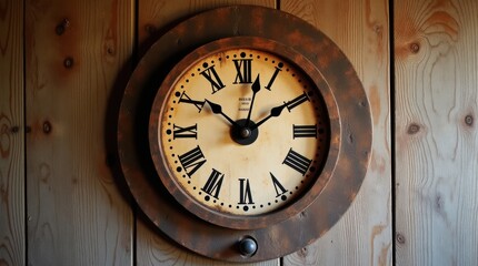 Rustic wooden wall clock on textured barn wall, warm tones, vintage style for cozy home decor atmosphere.
