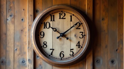 Rustic wooden wall clock on textured barn wall, warm tones, vintage style for cozy home decor atmosphere.