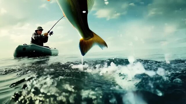 Skilled fisherman catching hefty largemouth bass, balancing precariously on compact inflatable watercraft amid rippling surface