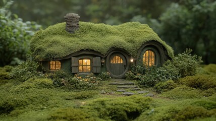Fototapeta premium Enchanted moss-covered cottage at dusk, illuminated windows, stone pathway, lush green surroundings. Fantasy home nestled in nature