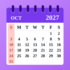 October 2027 calendar featuring a neat and stylish design. Ideal for tracking deadlines, holidays, and appointments.


