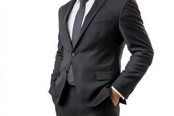 businessman in black suit with hands in pockets on white background