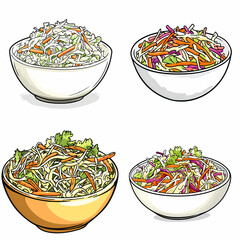 Fresh coleslaw salads in various bowls with vibrant colors and textures