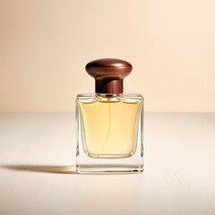 Natural light highlights perfume bottle with wooden cap. Simple cream background.