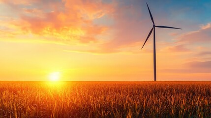 Obraz premium Golden Wheat Field Wind Turbine Sunset