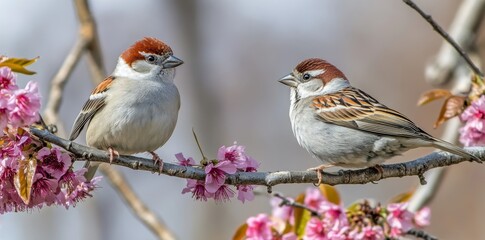 Fototapeta premium In the spring, two cute birds are perched on branches with pink flowers