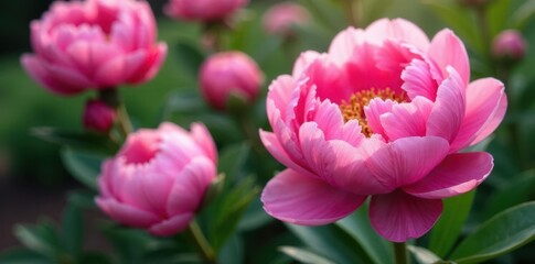 Obraz premium Showy pink peonies with subtle texture and shading, nature, garden blooms, peonies