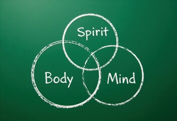 Chalkboard venn diagram depicting spirit, body, and mind connection