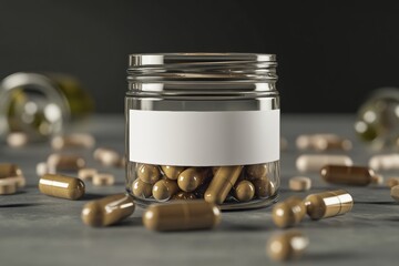 A glass jar filled with capsules sits on a surface, accompanied by scattered vitamin capsules. The simple white label complements the modern aesthetic and clean look