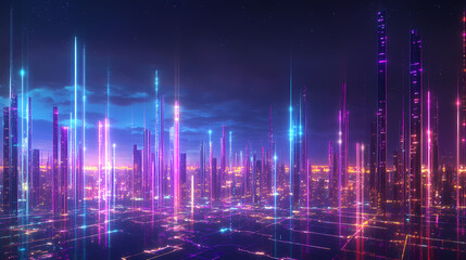 A futuristic cityscape illuminated by vibrant neon lights, showcasing a network of interconnecting beams of light against a dark sky. Metropolis of Light Beams. Illustration