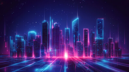 Fototapeta premium Abstract techno city, glowing neon circuits outlining buildings and energy beams, creating a vivid future metropolis against a dark sky. Metropolis of Light Beams. Illustration