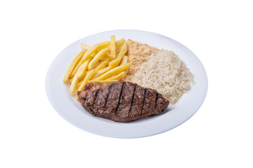 Grilled picanha beef, rice, farofa and french fries. Typical brazilian executive dish isolated over white background