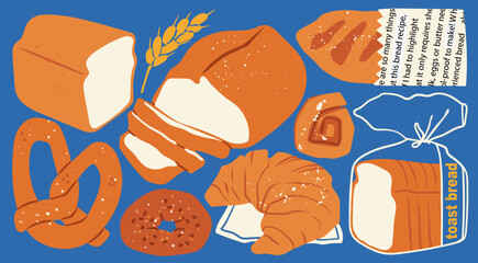 Various fresh bread. Different bakery products. Whole grain, sliced toast bread, cinnabon, bagel bun, pretzel, croissant. Healthy organic pastry food. Hand drawn Vector illustration. Isolated elements